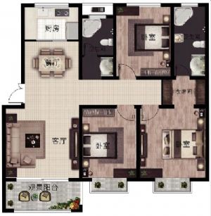 E3户型-三室二厅二卫一厨-户型图